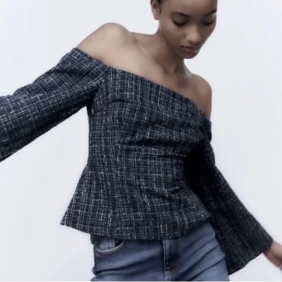New! Zara Off The Shoulder Square Neckline Top Blue Black Tweed 31940 - Picture 1 of 13